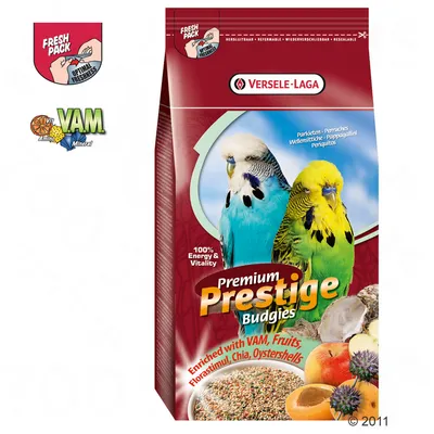 Versele-Laga Premium Prestige Budgies bird food pack, 100% Energy & Vitality, enriched with VAM, fruits, Florastimul, chia, oystershells. Fresh Pack resealable packaging shown. Versele-Laga Premium Prestige Budgies bird food pack, 100% Energy & Vitality, enriched with VAM, fruits, Florastimul, chia, oystershells. Fresh Pack resealable packaging shown.
