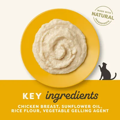 Tekst: kluczowe składniki – pierś z kurczaka, olej słonecznikowy, mąka ryżowa, roślinny środek żelujący. Made with natural ingredients (tekst w języku angielskim). Tekst: kluczowe składniki – pierś z kurczaka, olej słonecznikowy, mąka ryżowa, roślinny środek żelujący. Made with natural ingredients (tekst w języku angielskim).