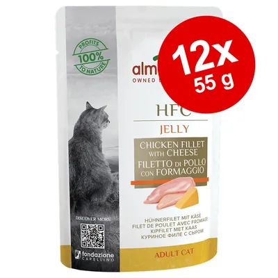 almo HFC Jelly Chicken Fillet with Cheese, 12x55 g. Profits 100% to nature. Hühnerfilet mit Käse. Adult Cat. Billede af kat og kylling med ost på pakken.