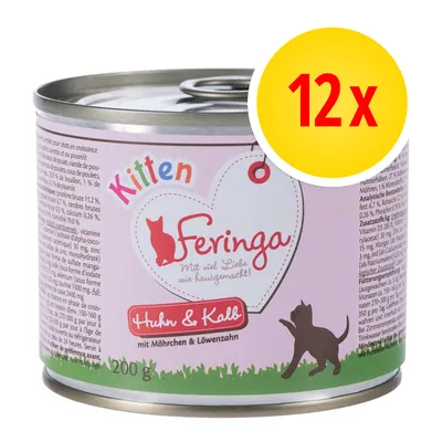 Feringa Kitten Huhn & Kalb mit Möhrchen & Löwenzahn, 12×200 g. Konzerva pro koťata s kuřecím a telecím masem, mrkví a pampeliškou. Viditelný nápis: Mit viel Liebe wie hausgemacht!