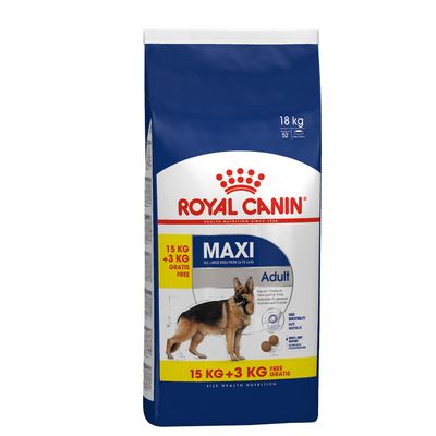 Bag showing Royal Canin Maxi Adult, 18kg total with 15kg plus 3kg free offer. For large dogs from 26 to 44kg. High digestibility and joint support highlighted.