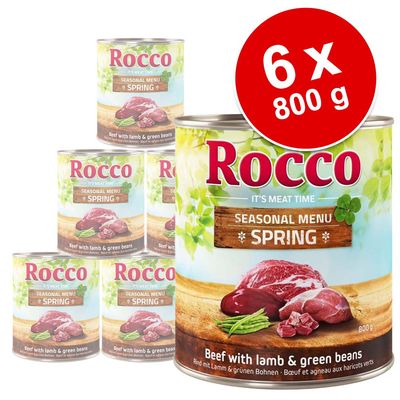 Lot de 6 boîtes Rocco Seasonal Menu Spring, 800 g chacune. Texte visible : Beef with lamb & green beans. Illustration de viande et haricots verts sur l’étiquette.