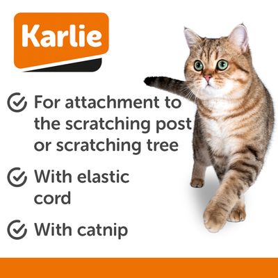 Karlie gioco per gatti con due varianti: palla con motivo leopardo e piume, topo grigio con dettagli rossi e coda piumata, entrambi fissati a un manico nero.