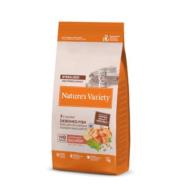 Nature's Variety Sterilized, peixe sem espinhas, com salmão norueguês, sem cereais, 7 kg. Texto visível: proteína, qualidade, digestibilidade. Indicado para gatos adultos esterilizados.