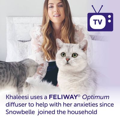 Text reads: Khaleesi uses a FELIWAY Optimum diffuser to help with her anxieties since Snowbelle joined the household.