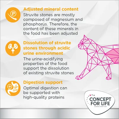 Testo in inglese: adjusted mineral content, dissolution of struvite stones through acidic urine environment, digestion support. Marchio Concept for Life.