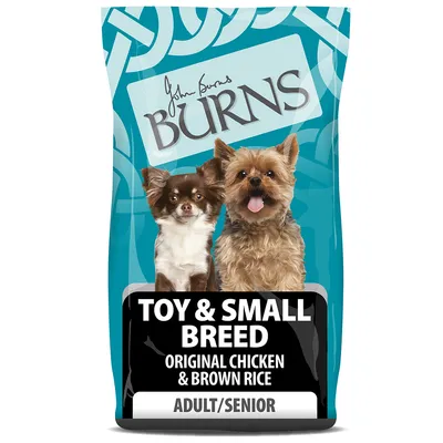 Burns hundefoder til små racer, tekst: Toy & Small Breed, Original Chicken & Brown Rice, Adult/Senior. Billede af to små hunde på posen.