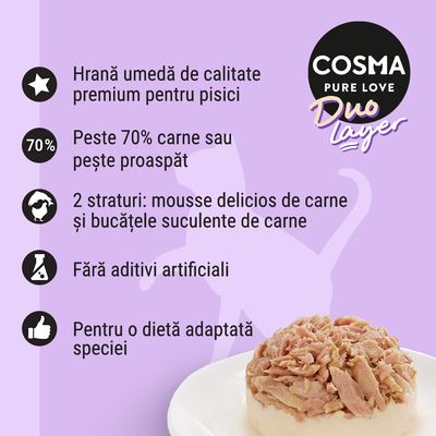 Cosma Pure Love Duo Layer. Mousse de pui cu fulgi de pui. Cutie mov cu siluetă neagră de pisică și simbol galben de găină.