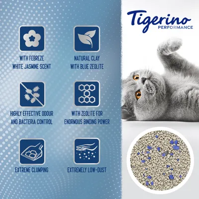 Tigerino Performance. Texto en inglés: con aroma a jazmín blanco Febreze, arcilla natural con zeolita azul, control de olores y bacterias, gran poder aglutinante, baja emisión de polvo.