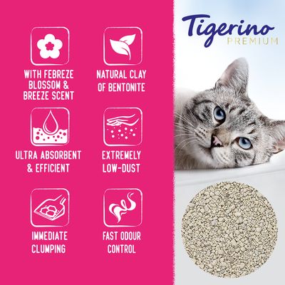 Tigerino Premium. With Febreze Blossom & Breeze scent, natural clay of bentonite, ultra absorbent & efficient, extremely low-dust, immediate clumping, fast odour control.