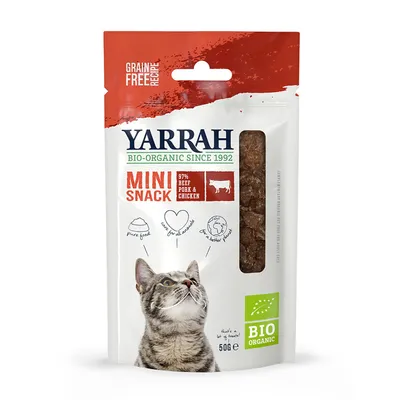 Yarrah BIO-ORGANIC MINI SNACK, 97% говядина, свинина и курица, беззерновой рецепт, 50 г, изображение кошки, маркировка BIO ORGANIC, надписи на английском языке. Yarrah BIO-ORGANIC MINI SNACK, 97% говядина, свинина и курица, беззерновой рецепт, 50 г, изображение кошки, маркировка BIO ORGANIC, надписи на английском языке.