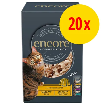 encore Chicken Selection kattefoder, 20 x portionsposer. Tekst: 100% natural ingredients, 2 x chicken breast, 2 x chicken breast with duck, 1 x chicken breast with tuna fillet.