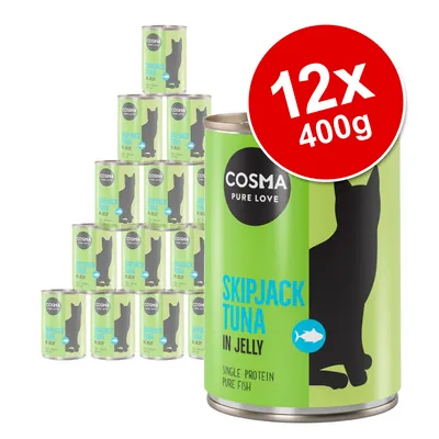 COSMA Pure Love Skipjack Tuna in Jelly, Single Protein Pure Fish, 12 x 400g cans visible with green label and black cat silhouette COSMA Pure Love Skipjack Tuna in Jelly, Single Protein Pure Fish, 12 x 400g cans visible with green label and black cat silhouette