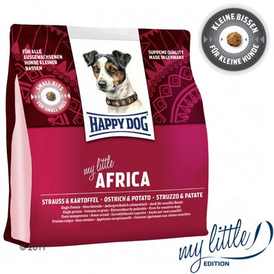 Confezione Happy Dog my little Africa, struzzo e patate, per cani di piccola taglia. Testo visibile: 'Small bits for small dogs', 'Supreme quality made in Germany', 'Senza cereali'.