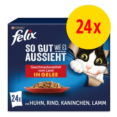 Purina Felix So gut wie es aussieht, 24x con pollo, manzo, coniglio, agnello. Testo tedesco: Geschmacksvielfalt vom Land in Gelee. Immagine di un gatto e ciotola di cibo.