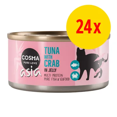 Cosma Asia Pure Love, boîte de nourriture pour chat, saveur thon et crabe en gelée, multi-protéines poisson & fruits de mer, lot de 24x visible sur l’emballage.