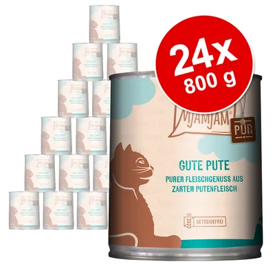 Lot de 24 boîtes de 800 g Miaujam Gute Pute, texte allemand : purer Fleischgenuss aus zartem Putenfleisch, getreidefrei, illustration de chat sur l’emballage.