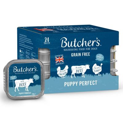 Butcher's Puppy Perfect grain free food, 24 trays with chicken, beef and turkey. Contains omega 3 & 6. Supporting farmers. Each tray is 150g.