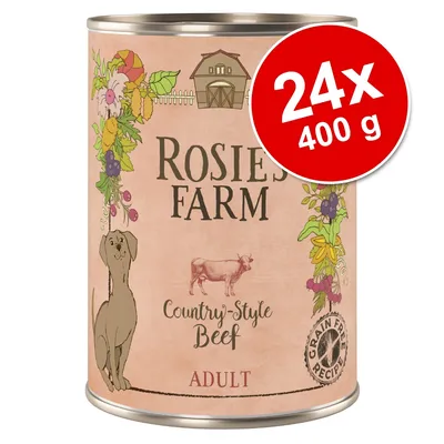 Rosie's Farm Country-Style Beef ADULT, Grain Free Recipe, balenie 24×400 g. Ilustrácia psa a kravy na etikete konzervy. Rosie's Farm Country-Style Beef ADULT, Grain Free Recipe, balenie 24×400 g. Ilustrácia psa a kravy na etikete konzervy.