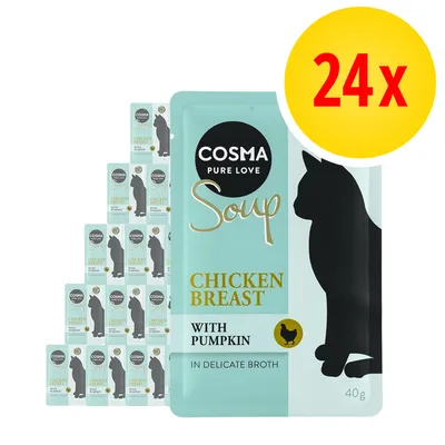 COSMA Pure Love Soup Chicken Breast with Pumpkin, 24×40g. Balení kapsiček s kuřecím masem a dýní v jemném vývaru, silueta kočky na obalu.