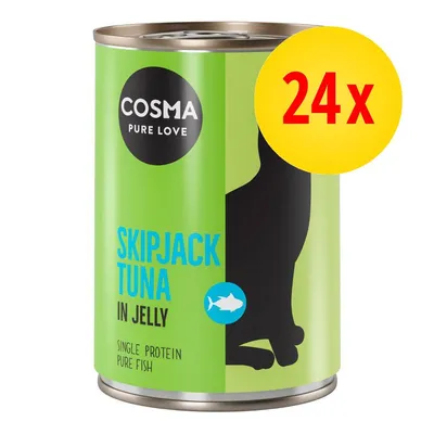 Cosma Pure Love Skipjack Tuna in Jelly, Single Protein Pure Fish, lot de 24 boîtes. Texte en anglais visible sur l’emballage.