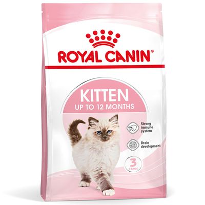 ROYAL CANIN KITTEN up to 12 months, Strong immune system, Brain development, 3 stages visible on the packaging.