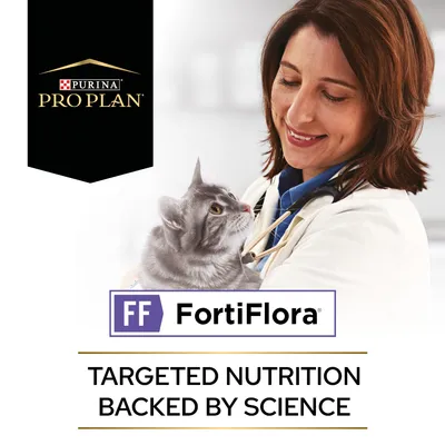 Purina Pro Plan, FF FortiFlora. Targeted nutrition backed by science. Grey cat held by person in white coat with stethoscope. All text in English.