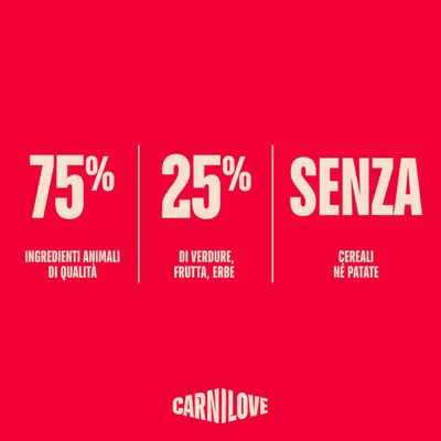75% componenti di origine animale, 25% verdura, frutta, erbe, senza cereali e senza patate. Carnilove. 75% componenti di origine animale, 25% verdura, frutta, erbe, senza cereali e senza patate. Carnilove.