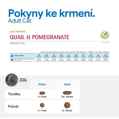 Doporučení pro krmení pro dospělé kočky: denní množství podle hmotnosti, např. 2 kg: 22–36 g. Velikost granulí Kitten: 5–7 mm, Adult: 8–10 mm. Tloušťka Kitten: 4–5 mm, Adult: 3,5–5,5 mm.