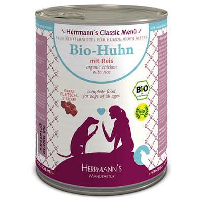 Herrmann's Classic Menü Bio-Huhn mit Reis, organic chicken with rice, complete food for dogs of all ages, ekstra kødstykker, DE-ÖKO-006, bio-mærker synlige på dåsen