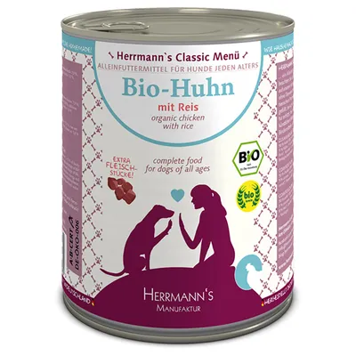 Herrmann's Classic Menü Bio-Huhn mit Reis, organic chicken with rice, complete food for dogs of all ages, ekstra kødstykker, DE-ÖKO-006, bio-mærker synlige på dåsen