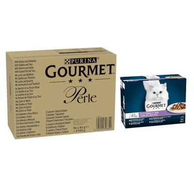 Purina Gourmet Perle, izbor okusa: govedina, piletina, losos, tuna. Veličina pakiranja: 96 x 85 g, ukupna težina: 8160 g.
