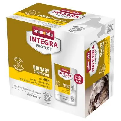 Confezione Animonda Integra Protect Urinary Struvitsteine con pollo, 8x85g. Testo visibile: Veterinary Diet, senza cereali, pH 6,0–6,5, immagine di un gatto sul lato.