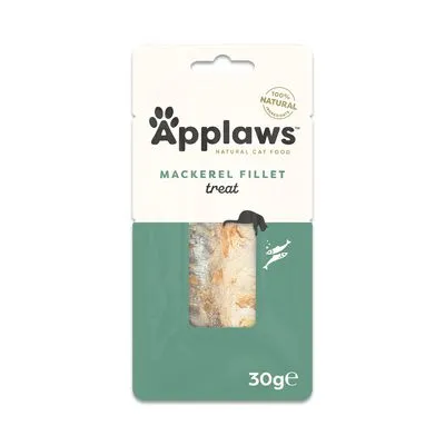 Applaws Natural Cat Food Mackerel Fillet treat, 100% natural, 30g. Verpakking met zichtbaar makreelfilet.