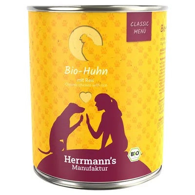 Konzerva Herrmann's Manufaktur Bio-Huhn mit Reis, Classic Menü. Text: Organic chicken with rice. Viditeľný BIO certifikát.