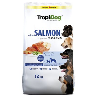 TropiDog Adult, Single Animal Protein, dla średnich i dużych ras, bogaty w łososia z ryżem, 12 kg. Właściwości: pielęgnacja zębów, kompleks dla skóry, siła i witalność.