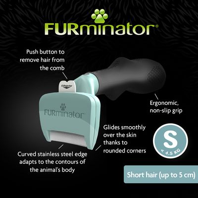 FURminator S pre krátku srsť do 5 cm, menej ako 4,5 kg. Ergonomická protišmyková rukoväť, tlačidlo na odstránenie chlpov, zaoblené hrany, nerezová čepeľ prispôsobená telu zvieraťa.