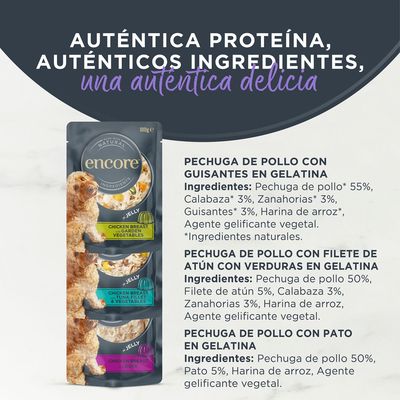 Encore Finest Selection en gelatina, 5x100g sobres. Pollo con verduras, filete de pollo con verduras, pollo con pato. El envase muestra un perro y las imágenes del producto.