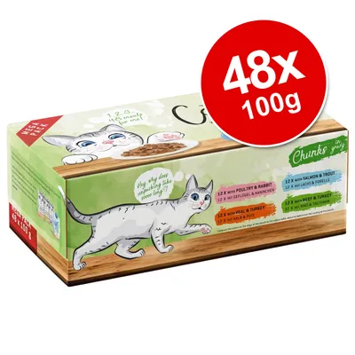 Cat food mega pack, 48 x 100g. Visible text: 12 x with poultry & rabbit, 12 x with veal & turkey, 12 x with salmon & trout, 12 x with beef & turkey. Chunks in gravy. Cat food mega pack, 48 x 100g. Visible text: 12 x with poultry & rabbit, 12 x with veal & turkey, 12 x with salmon & trout, 12 x with beef & turkey. Chunks in gravy.
