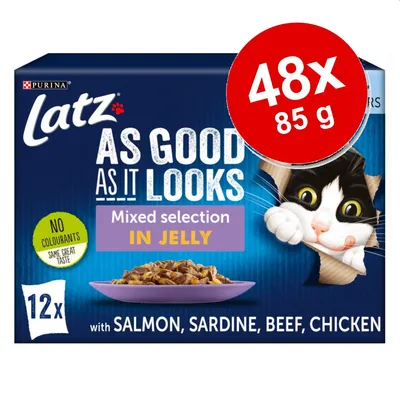 Purina Latz As Good As It Looks Mixed selection in jelly, 48x85 g. Ei väriaineita. 12 annosta. Lajitelma: lohi, sardiini, nauta, kana. Kissanruoka-annospakkaukset. Purina Latz As Good As It Looks Mixed selection in jelly, 48x85 g. Ei väriaineita. 12 annosta. Lajitelma: lohi, sardiini, nauta, kana. Kissanruoka-annospakkaukset.