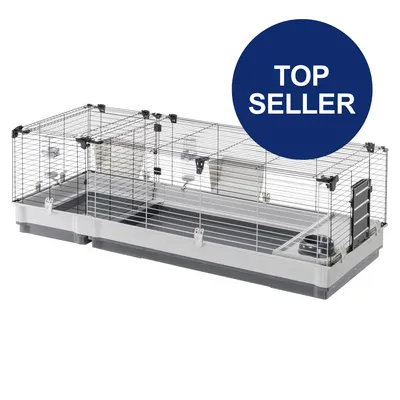 Großer Käfig mit Metall-Gitterwänden und Kunststoffboden. Blauer Kreis mit Text 'Top Seller'. Großer Käfig mit Metall-Gitterwänden und Kunststoffboden. Blauer Kreis mit Text 'Top Seller'.