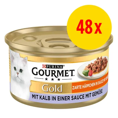 Purina Gourmet Gold, zarte Häppchen in Sauce mit Kalb und Gemüse, 48x Dose.