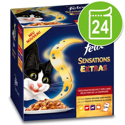Felix Sensations Extras, Smaakvariatie van het Land, met kaas of bacon, 24 portiezakjes. Nieuw. Verschillende soorten voor katten afgebeeld. Felix Sensations Extras, Smaakvariatie van het Land, met kaas of bacon, 24 portiezakjes. Nieuw. Verschillende soorten voor katten afgebeeld.