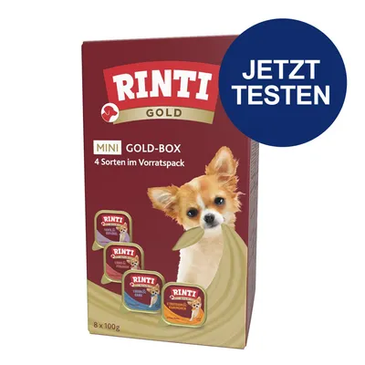 Rinti Gold Mini Gold-Box, Vorratspack mit 4 Sorten: Truthahn & Kaninchen, Gans, Rind & Geflügel, Huhn & Lachs. Jetzt testen.