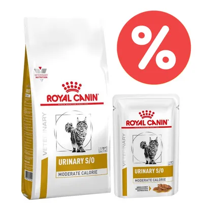 Royal Canin Veterinary Urinary S/O Moderate Calorie Katzenfutter, Trocken- und Nassfutter mit Rabatt-Symbol.