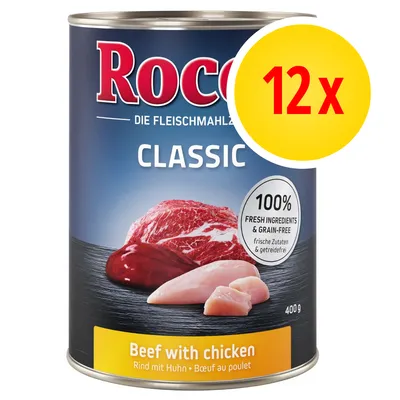 Rocco Classic Beef with chicken, 12 x 400 g, 100% fresh ingredients & grain-free. Testo in inglese e tedesco visibile sulla confezione.