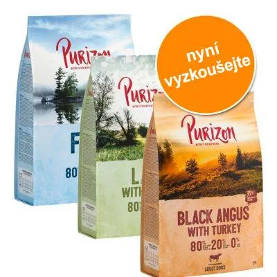 Tři balení Purizon: Fish 80 %, Lamb with Chicken 80 %, Black Angus with Turkey 80/20/0. Oranžový kruh s textem 'nyní vyzkoušejte'.