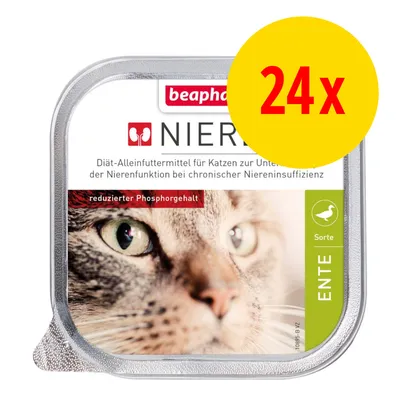 beaphar Nieren Diät-Alleinfuttermittel für Katzen zur Unterstützung der Nierenfunktion bei chronischer Niereninsuffizienz, reduzierter Phosphorgehalt, Sorte Ente, Packung mit 24 Stück.