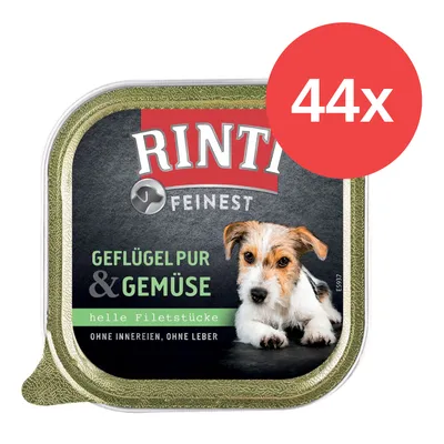 Rinti Feinest Geflügel pur & Gemüse, helle Filetstücke, ohne Innereien, ohne Leber. Paquete de 44 unidades visible en la imagen.