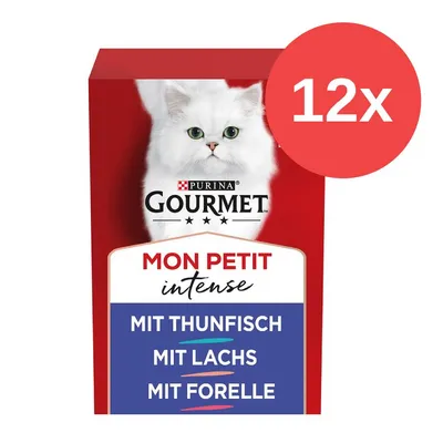 Purina Gourmet Mon Petit Intense, 12x Portionsbeutel mit Thunfisch, Lachs und Forelle.